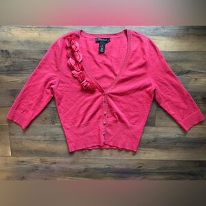 Coquette White House Black Market Floral Embellished Cardigan | Coral Pink | XS